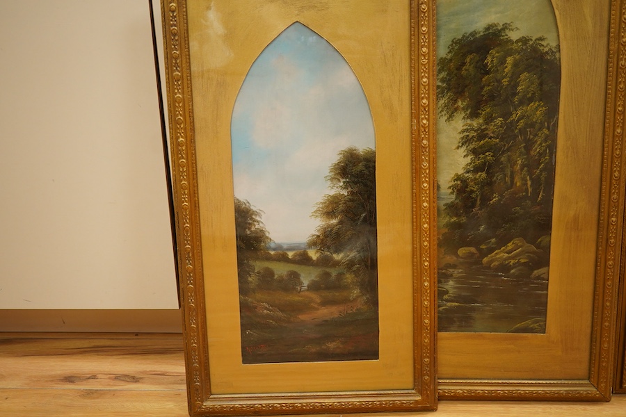Victorian School, River and woodland landscapes, some indistinctly signed, two pairs of arched oils on board, largest pair 57 x 22cm, glass a.f. to one painting